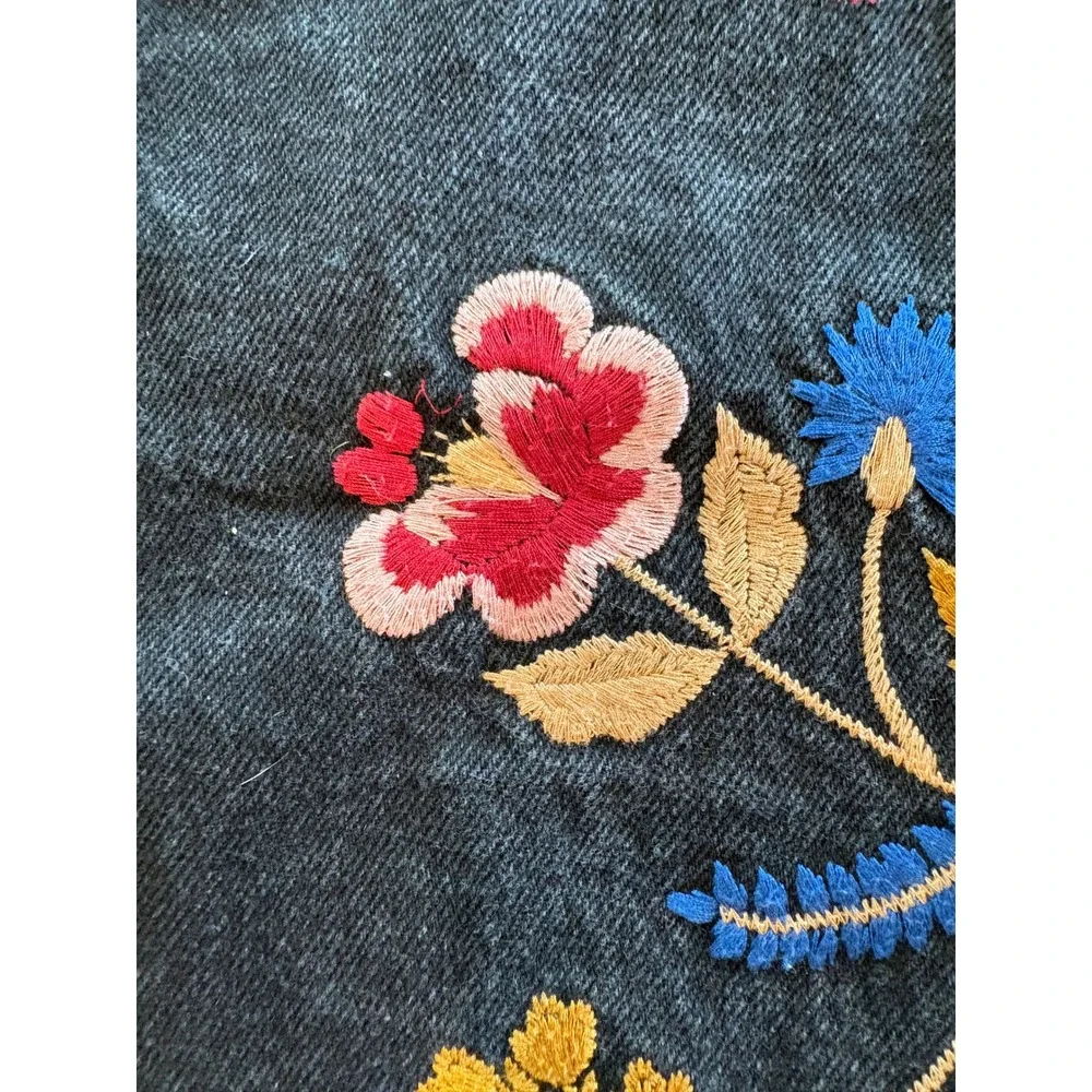 Topshop Moto Black‎ Denim Floral Embroidered Mini Skirt Boho Size 4